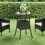 Outdoor Rattan Garden Patio Table Tempered Glass Top Weather Resistant Black