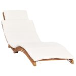 Folding Teak Wood Sun Lounger Cream Cushion Outdoor Patio Garden Furniture