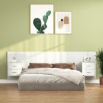 White Engineered Wood Bed Headboard Floating Nightstands Wall-Mounted Storage