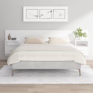 White Floating Bed Headboard Wall-Mounted Engineered Wood with Storage Cabinets