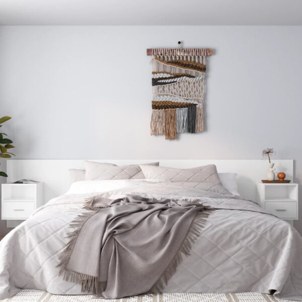 White Engineered Wood Bed Headboard Floating Nightstands Wall-Mounted Storage