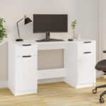 Elegant White Writing Desk with Side Cabinet Ample Storage Modern Home Office