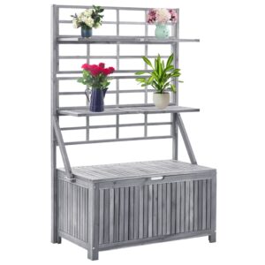 Solid Acacia Wood Outdoor Storage Box with Trellis Grey Garden Planter Shelves