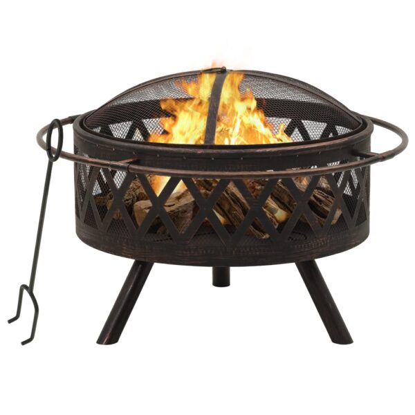 Rustic Outdoor Fire Pit with Poker Large Steel Bowl Mesh Cover Patio Heater