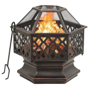 Outdoor Rustic Fire Pit Bowl with Mesh Cover and Poker for Patio Garden