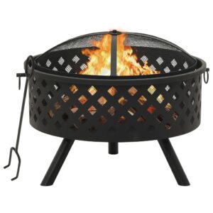 Extra Large Outdoor Fire Pit with Mesh Cover and Poker - Black Steel Patio Heater