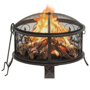 Outdoor Patio Fire Pit Bowl with Mesh Cover and Poker  Rustic Steel Garden Heater