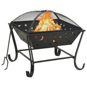 Extra Large Outdoor Fire Pit with Mesh Cover and Poker - Black Steel Patio Heater