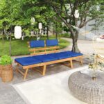 Solid Acacia Wood Convertible Outdoor Bench Daybed with Blue Cushions Patio