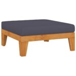 Solid Acacia Wood Ottoman Footrest with Thick Dark Grey Cushion for Outdoor Patio