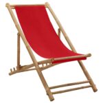 Adjustable Bamboo Canvas Deck Chair Red Foldable Outdoor Garden Beach Lounger