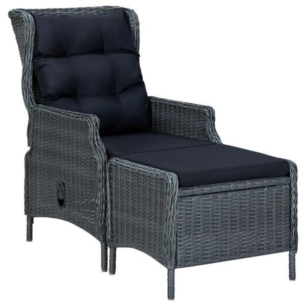 Dark Grey Reclining Garden Chair with Footstool  Poly Rattan  Adjustable Backrest  Washable Cushions