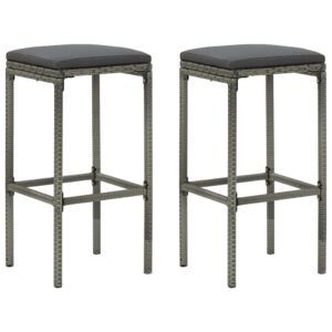 Set of Two Grey Poly Rattan Bar Stools with Cushions Outdoor Patio Chairs