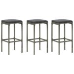 Set of Three Grey Poly Rattan Bar Stools with Cushions Outdoor Patio Chairs