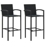 Set of Two Outdoor Indoor Black Rattan Bar Stools with Footrest UV Resistant