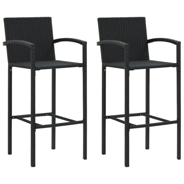 Set of Two Outdoor Indoor Black Rattan Bar Stools with Footrest UV Resistant