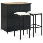 Outdoor Poly Rattan Bar Set Black Bistro Pub Table Stools with Cushions Patio