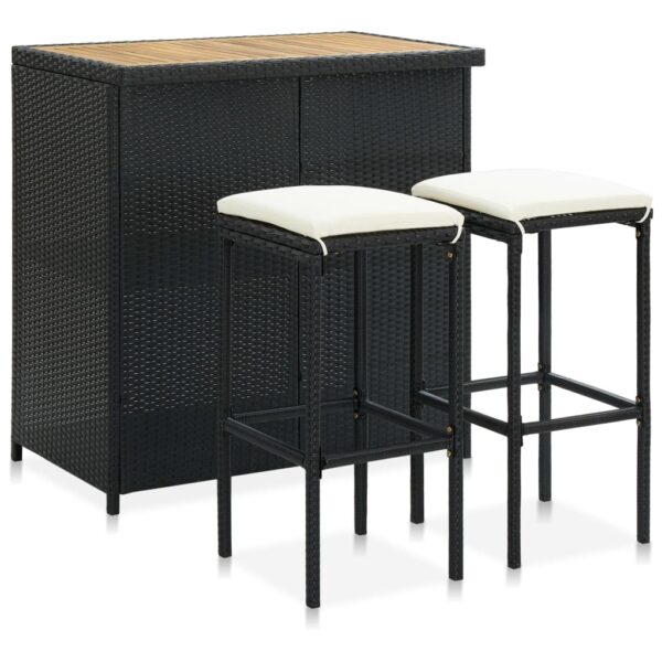 Outdoor Poly Rattan Bar Set Black Bistro Pub Table Stools with Cushions Patio