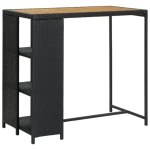 Outdoor Indoor Black Poly Rattan Bar Table with Acacia Top and Storage Rack