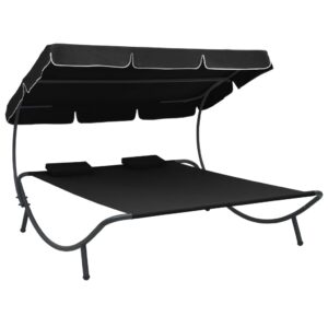 Outdoor Double Sun Lounger Bed with Canopy Garden Patio Furniture Black Comfort