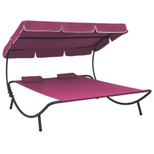 Outdoor Double Sun Lounger Bed with Canopy Pink Weather-Resistant Patio Garden