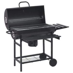 Portable Charcoal BBQ Grill with Wheels  Foldable Shelves  Warming Rack  Heavy-Duty Black Steel