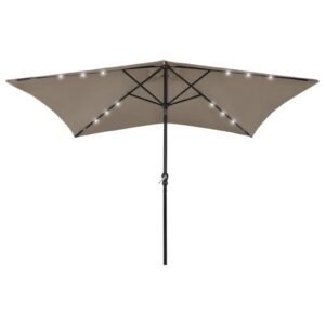 Taupe Garden Parasol with LED Lights and Steel Pole  UV Protective  Anti-Fade  Crank and Tilt  Solar Powered