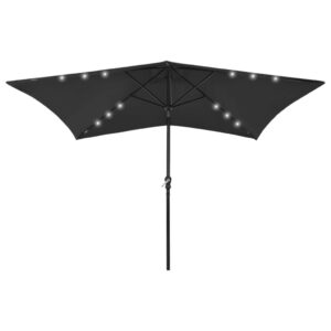 Black Garden Parasol with LED Lights  UV Protective Polyester  Powder-Coated Steel Pole  Crank and Tilt Functionality  Solar Powered  2x3m