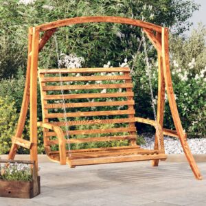 Solid Bent Wood Swing Bench with Teak Finish  Ergonomic Armrests  Outdoor Use  Includes Chains