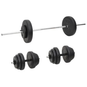 Versatile Barbell and Dumbbell Set with Plates  Chrome Plated Steel  Cement Covered in Plastic  Multifunctional  Star Lock  Black