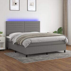 Box Spring Bed with Mattress&LED Dark Grey 153x203 cm Queen Size Fabric