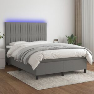 Box Spring Bed with Mattress&LED Dark Grey 137x190 cm Double Fabric