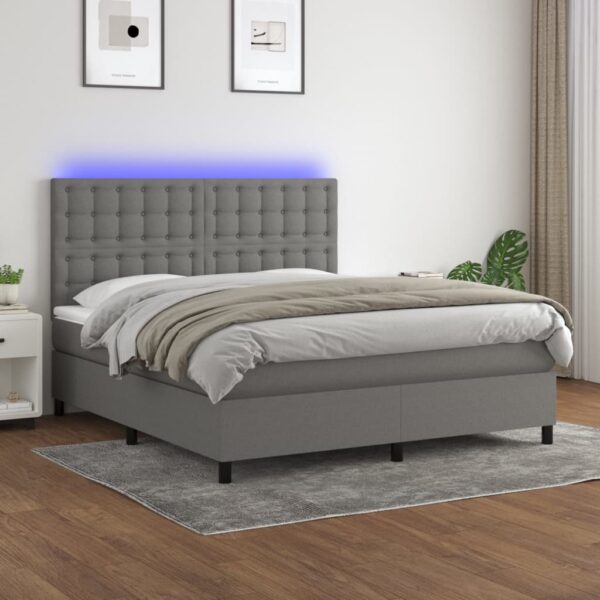 Box Spring Bed with Mattress&LED Dark Grey 152x203 cm Queen Fabric