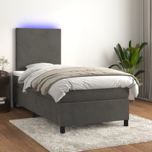 Box Spring Bed with Mattress&LED Dark Grey 106x203 cm King Single Size Velvet