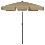 UV Protective Beach Umbrella Taupe  Anti-Fade Polyester  Tilt Function  Weather Resistant