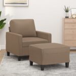 Luxurious Faux Leather Sofa Chair & Footstool Set Comfortable Modern Cappuccino