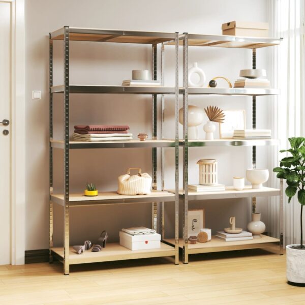 Adjustable Heavy Duty Storage Shelves Silver Steel Wood Boltless Rack Organizer