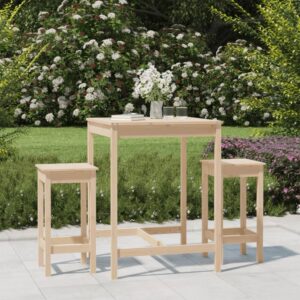 3-Piece Solid Pine Wood Garden Bar Set - Outdoor Patio Pub Table & 2 Stools