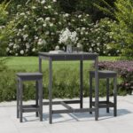 3 Piece Grey Solid Pine Wood Garden Bar Set - Patio Outdoor Pub Table & 2 Stools