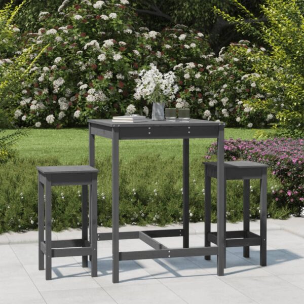 3 Piece Grey Solid Pine Wood Garden Bar Set - Patio Outdoor Pub Table & 2 Stools