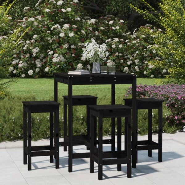 5 Piece Garden Bar Set Black Solid Wood Pine Outdoor Patio Furniture Stools Table