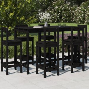 7 Piece Garden Bar Set Black Solid Wood Pine