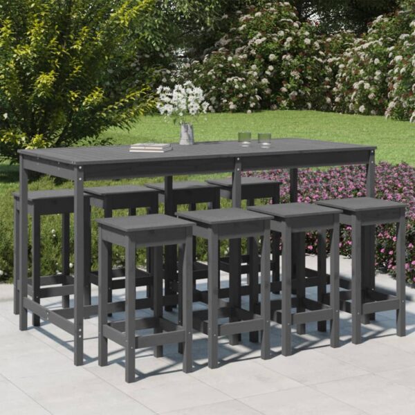 9 Piece Garden Bar Set Grey Solid Wood Pine