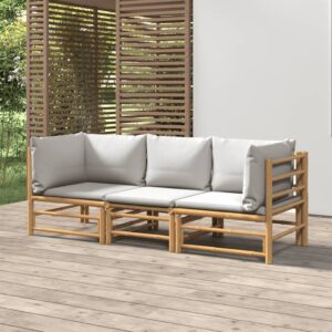 3 Piece Bamboo Garden Lounge Set with Light Grey Cushions for Outdoor Comfort