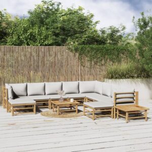 12 Piece Garden Lounge Set with Light Grey Cushions Bamboo