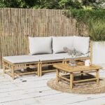 3 Piece Bamboo Garden Lounge Set with Light Grey Cushions  Outdoor Furniture Set