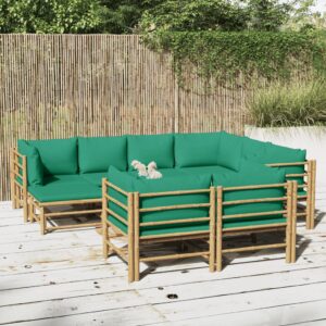 10 Piece Garden Lounge Set with Green Cushions  Bamboo