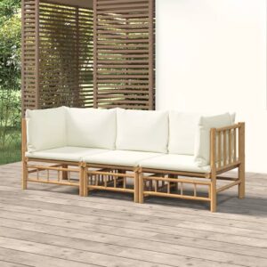 3 Piece Garden Lounge Set with Cream White Cushions  Bamboo