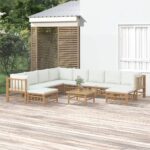 11 Piece Garden Lounge Set with Cream White Cushions  Bamboo