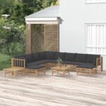 12 Piece Garden Lounge Set with Dark Grey Cushions  Bamboo